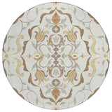 8' Ivory And Taupe Round Damask Washable Indoor Outdoor Area Rug