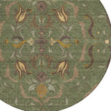 8' Olive Green And Green Round Damask Washable Indoor Outdoor Area Rug