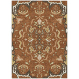 5' X 8' Orange And Brown Damask Washable Indoor Outdoor Area Rug