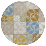8' Beige And Brown Round Geometric Washable Indoor Outdoor Area Rug