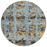 8' Teal Blue And Granite Gray Round Abstract Washable Indoor Outdoor Area Rug