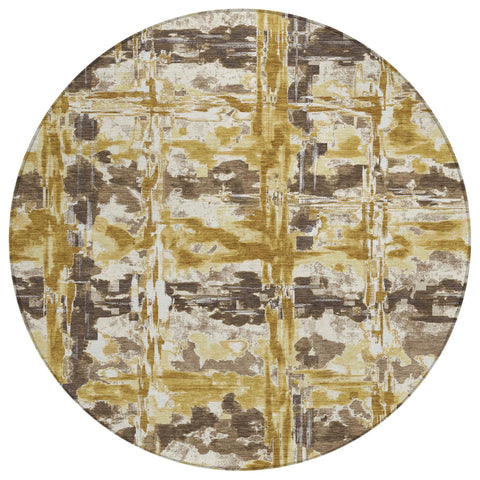 8' Gold And Coffee Round Abstract Washable Indoor Outdoor Area Rug