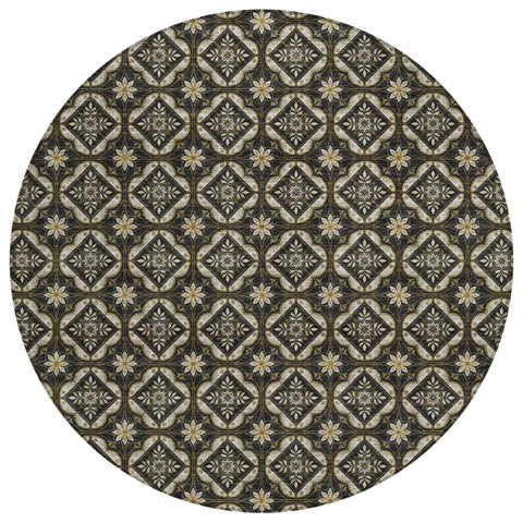 8' Black And Coffee Round Geometric Washable Indoor Outdoor Area Rug