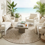 8' Brown And Ivory Round Geometric Washable Indoor Outdoor Area Rug