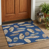 3' X 5' Navy Blue And Brown Botanical Leaves Washable Indoor Outdoor Area Rug