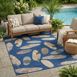5' X 8' Navy Blue And Brown Botanical Leaves Washable Indoor Outdoor Area Rug