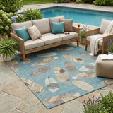 5' X 8' Teal Blue And Ivory Botanical Leaves Washable Indoor Outdoor Area Rug