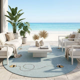 8' Sky Blue And Beige Round Geometric Washable Indoor Outdoor Area Rug