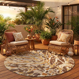 8' Chocolate And Ivory Round Abstract Washable Indoor Outdoor Area Rug