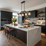 Black Kitchen Island Five Light Plastic and Wrought Iron Transparent Glass Flush Chandelier With Stone Shades