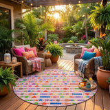 8' Pink And Fern Green Round Geometric Washable Indoor Outdoor Area Rug