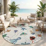 8' Ivory And Gray Round Geometric Washable Indoor Outdoor Area Rug