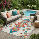 5' X 8' Ivory And Coral Tribal Washable Indoor Outdoor Area Rug