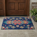 3' X 5' Navy Blue And Green Tribal Washable Indoor Outdoor Area Rug