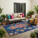 5' X 8' Navy Blue And Green Tribal Washable Indoor Outdoor Area Rug