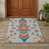 3' X 5' Silver And Ivory Tribal Washable Indoor Outdoor Area Rug