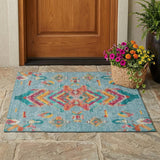 3' X 5' Teal Blue And Ivory Tribal Washable Indoor Outdoor Area Rug