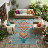 8' X 10' Teal Blue And Ivory Tribal Washable Indoor Outdoor Area Rug