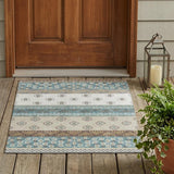 3' X 5' Teal Blue And Beige Striped Washable Indoor Outdoor Area Rug