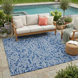 5' X 8' Navy Blue And Beige Geometric Washable Indoor Outdoor Area Rug