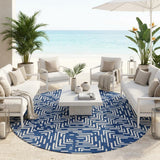 8' Navy Blue And Beige Round Geometric Washable Indoor Outdoor Area Rug