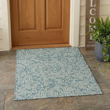 3' X 5' Teal Blue And Ivory Geometric Washable Indoor Outdoor Area Rug