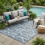 5' X 8' Denim Blue And Ivory Geometric Washable Indoor Outdoor Area Rug