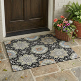 3' X 5' Black And Ivory Floral Medallion Washable Indoor Outdoor Area Rug