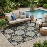 5' X 8' Black And Ivory Floral Medallion Washable Indoor Outdoor Area Rug