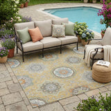 5' X 8' Gold And Ivory Floral Medallion Washable Indoor Outdoor Area Rug