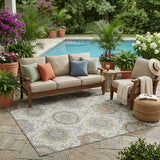 5' X 8' Ivory And Khaki Floral Medallion Washable Indoor Outdoor Area Rug