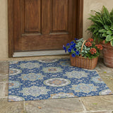 3' X 5' Navy Blue And Taupe Floral Medallion Washable Indoor Outdoor Area Rug