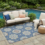 5' X 8' Navy Blue And Taupe Floral Medallion Washable Indoor Outdoor Area Rug