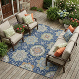 8' X 10' Navy Blue And Taupe Floral Medallion Washable Indoor Outdoor Area Rug