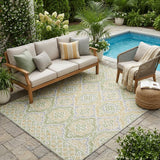 5' X 8' Green And Denim Blue Tribal Washable Indoor Outdoor Area Rug