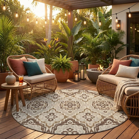 8' Coffee And Gray Round Tribal Washable Indoor Outdoor Area Rug