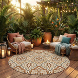 8' Orange And Gray Round Tribal Washable Indoor Outdoor Area Rug