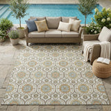 5' X 8' Ivory And Gold Floral Medallion Washable Indoor Outdoor Area Rug