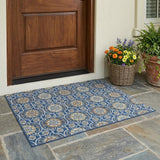 3' X 5' Navy Blue And Ivory Floral Medallion Washable Indoor Outdoor Area Rug
