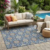 5' X 8' Navy Blue And Ivory Floral Medallion Washable Indoor Outdoor Area Rug