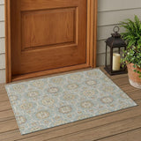 3' X 5' Blue And Ivory Floral Medallion Washable Indoor Outdoor Area Rug
