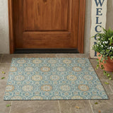 3' X 5' Teal Blue And Beige Floral Medallion Washable Indoor Outdoor Area Rug
