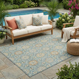 5' X 8' Teal Blue And Beige Floral Medallion Washable Indoor Outdoor Area Rug