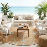 8' Copper And Ivory Round Oriental Washable Indoor Outdoor Area Rug