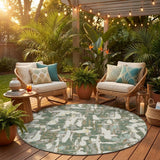 8' Green And Beige Round Abstract Washable Indoor Outdoor Area Rug
