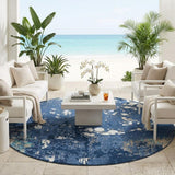 8' Navy Blue And Fern Green Round Abstract Washable Indoor Outdoor Area Rug