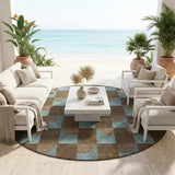 8' Chocolate And Silver Round Geometric Washable Indoor Outdoor Area Rug