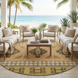 8' Chocolate And Olive Green Round Tribal Washable Indoor Outdoor Area Rug