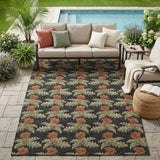5' X 8' Black And Green Floral Washable Indoor Outdoor Area Rug