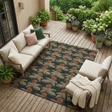 8' X 10' Black And Green Floral Washable Indoor Outdoor Area Rug